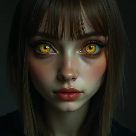  woman with light brown shoulder-length straight hair , Size: 165cm, Weight: 58kg,  her face is a bit plump, she doesn&#39;t smile, She wears yellow owl contact lenses ,  only her face can be seen that is heavily made up