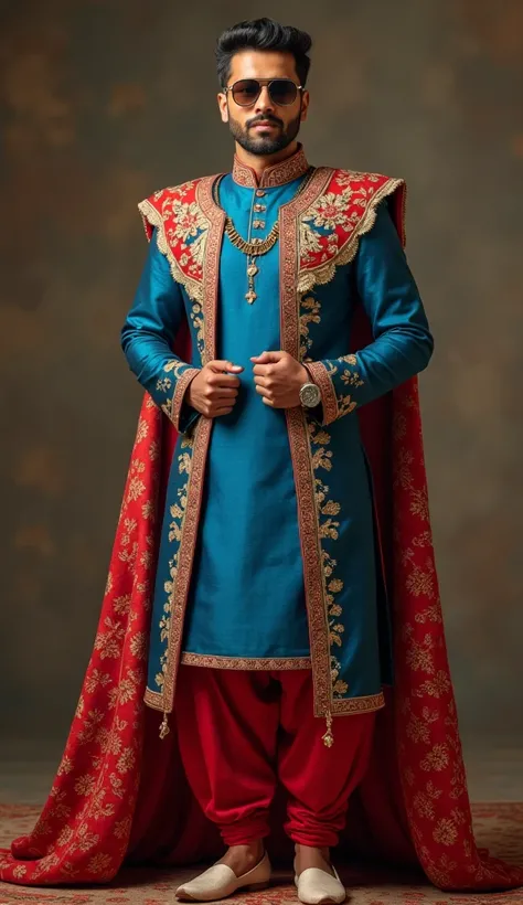 A young man, in a blue kurta and red pajama, with stylish sunglasses and a wristwatch,  
wears royal robes with dignified posture,