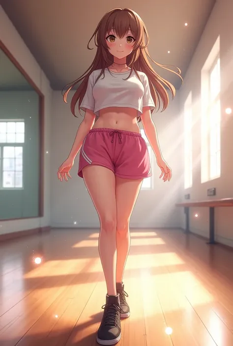 (realistic),(fotorrealistic),Takagi_San,  a girl in, height 155 cm , long hair,  Brown Hair ,  partial fringe ,  brown eyes ,white crop top, big, full breasts ,（exposed abdomen）, Pink Training Shorts ,black sneakers, detailed,smile,  looking at the spectat...