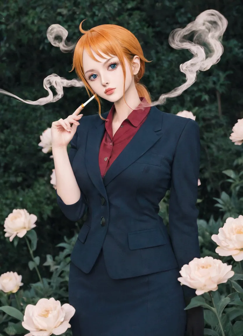 woman with a big breast and a big breast, nami one piece, blue eyes, smoking, ponytail, nsfw