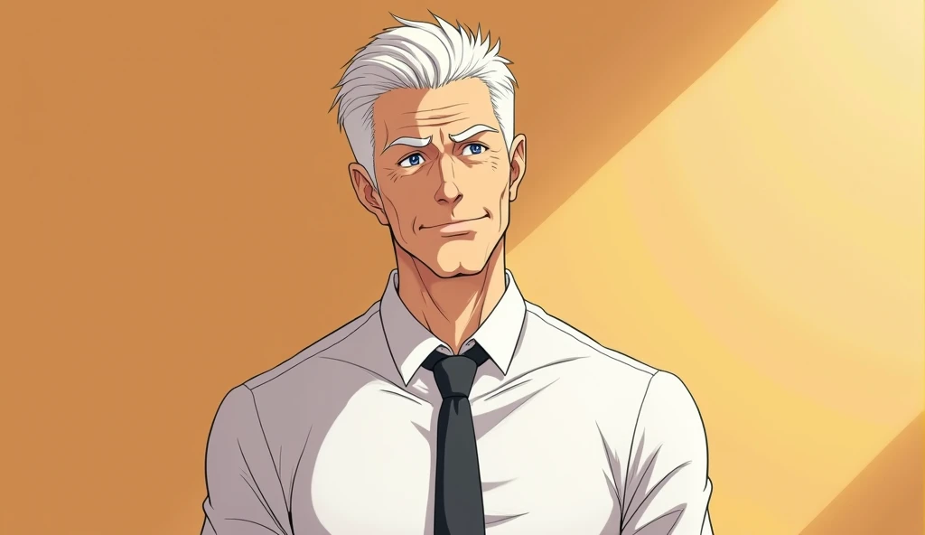 Muscular man,  white hair,  slightly toned body ,  anime style, limelight, kind look,  smiling, with white shirt, with tie, Let it be noticed in middle age, with a flat single-color background