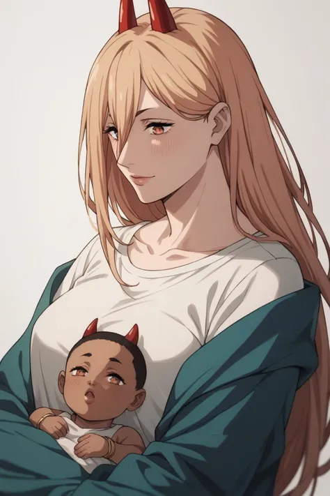  source_anime, BREAK, 1girl, solo, p0w3r0x1, power, long hair, blonde hair, red horns,demon pupils, blushing, medium breasts,   mother and baby, small girl,hugging up, baby, (((african baby))), interracial baby,