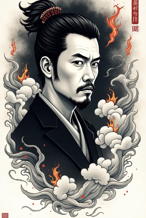 Leon fu tattoo design in black and white,Japanese-style with clouds and fire