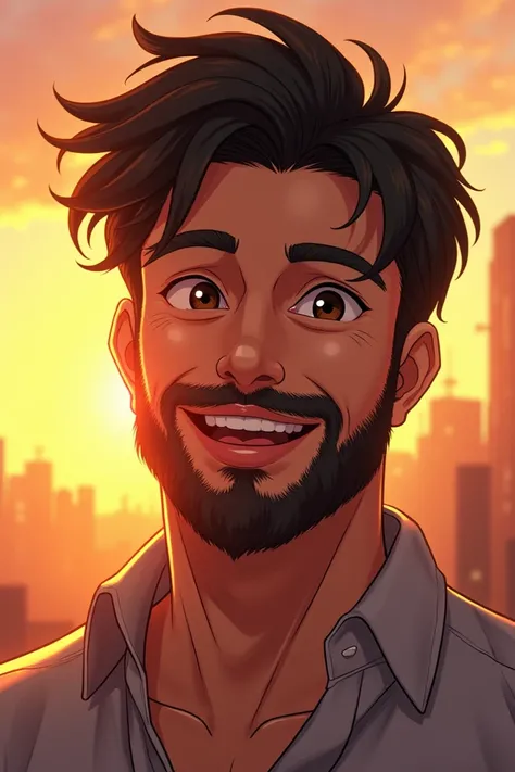 Happy handsome 30-year-old man Golden Hour anime so handsome black hair big black beard cute cuddly