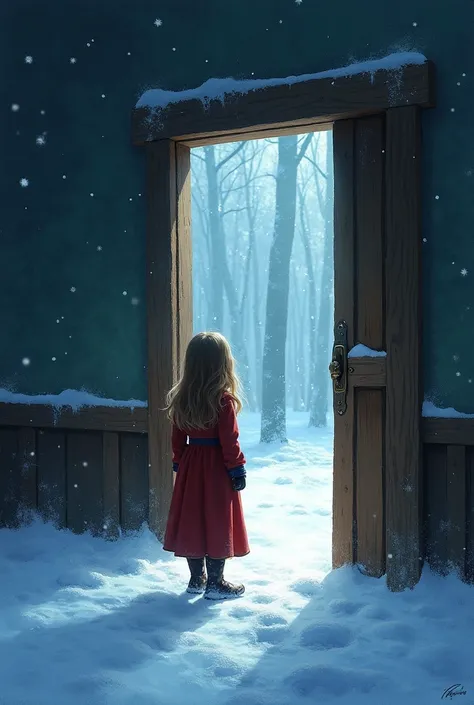  make me an image with the size of 80 x 40 centimeters:  my idea is a room in which a girl is looking at a door , And at the door of the room comes out the faun of Narnia , And snow will come out of the door on the floor
Horizontal size have a quarter 