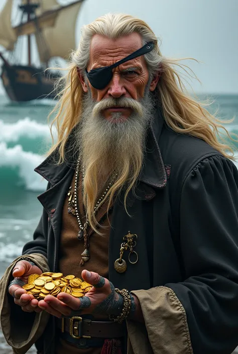 Vieux pirate avec un cache-œil et une main manquante avec un chapeau et des cheveux blond longs des pièces dor dans les mains