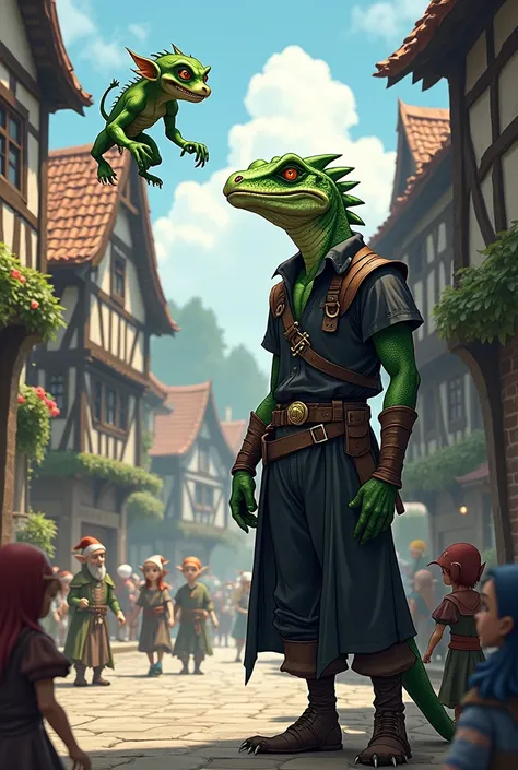  generate an image of a lizard man wearing rogue clothes,  a green goblim above a medieval house , On the street many elves and dwarves walking .  anime art