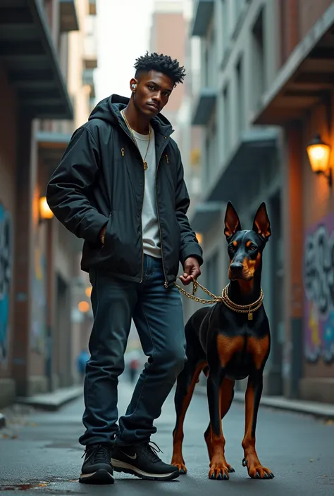 A 20-year-old black boy with jacket in jeans with black joking plus ear pod holding his Doberman dog by the gold chain