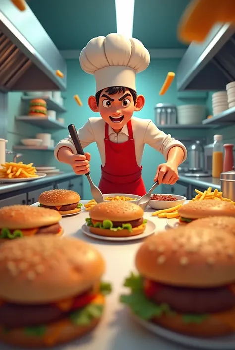 Create an animated image of a chef cooking fast food the photo horizontally