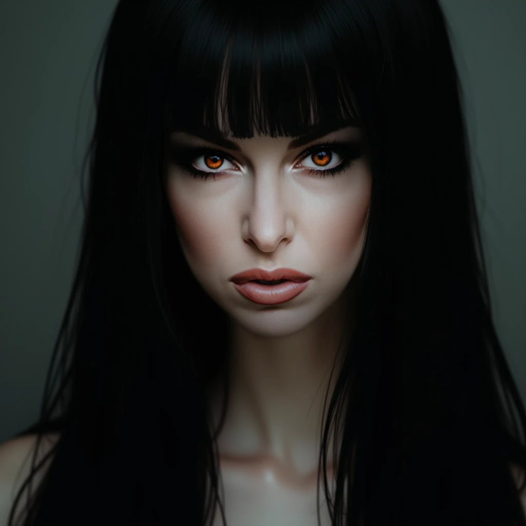 Woman with long straight black hair, Size: 165cm, Weight: 58kg,  her face is a bit plump, she doesn&#39;t smile, She wears yellow owl contact lenses , Only her head can be seen that is heavily made up