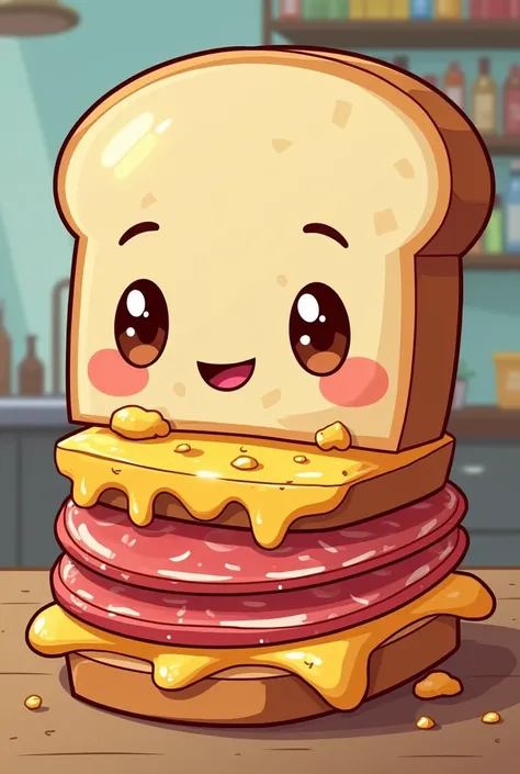 Create a cartoon of a bread with salami and cheese