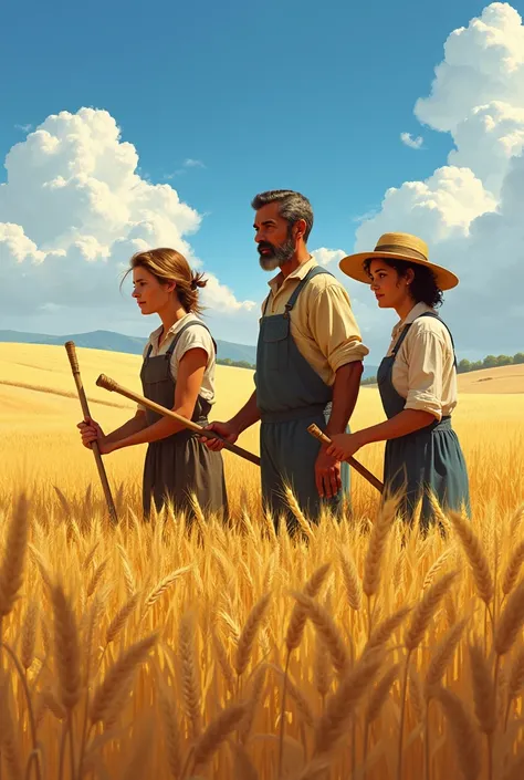 2 women and 1 man who are working in a wheat field in the summer 