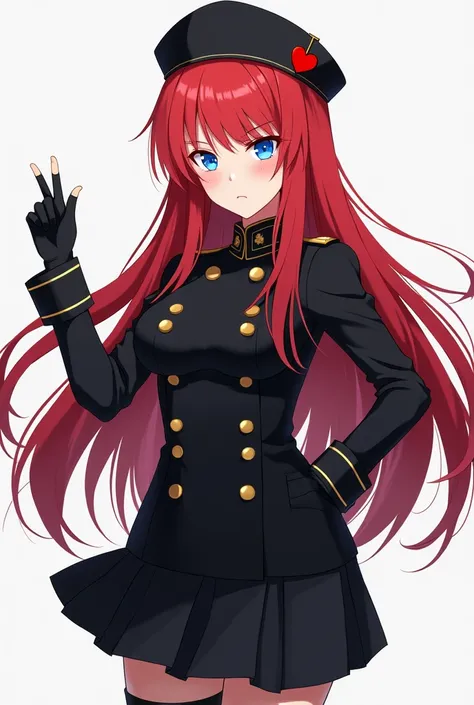 Jeune femme en tenue avec jupe dans un style un peu militaire noir avec avec un béret noir orné dun pins en coeur, elle a les cheveux long rouges et les yeux bleus. Elle manipule a ses fin, un regard glaçant. Style anime 