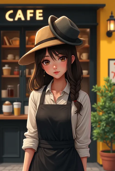 Young woman wearing black apron ,  hats over her head and in front of a coffee shop with the predominant colors of the scene black and yellow 