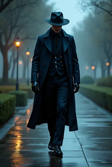 navy trench coat and under that wearing black dress shirt , black vest and black trouser and black oxford shoes and leather gloves walk at   modern  park on rainy night