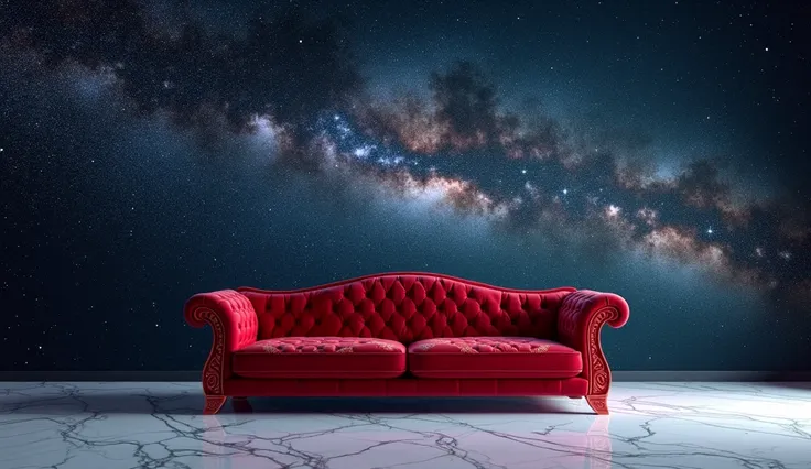 red sofa on marble floor, milky way background