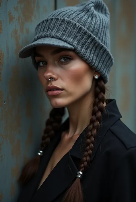 (Urban portrait:1.3) photo of a woman, with a pulled-down gray knitted beanie covering her eyes,featuring a silver nose ring and natural nude lipstick, detailed braided hairstyle, striking a nonchalant pose, tight close-up framing, against a textured urban...