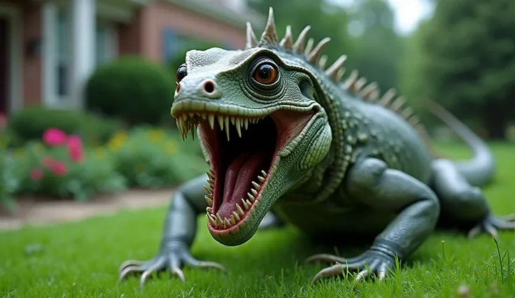 Create a terrifying lizard with eyes located inside its own mouth, captured with a high-definition DSLR camera using zoom. The setting is a well-maintained lawn at a house, with realistic details and a slightly eerie atmosphere to emphasize the creatures o...