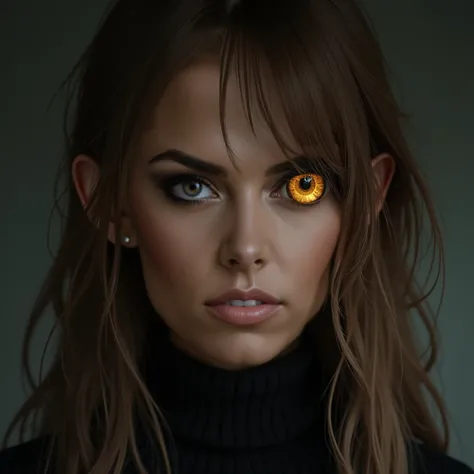 Woman with light brown long hair, Size: 165cm, Weight: 58kg,  her face is a bit plump, she doesn&#39;t smile, She wears yellow owl contact lenses , Only her head can be seen that is heavily made up