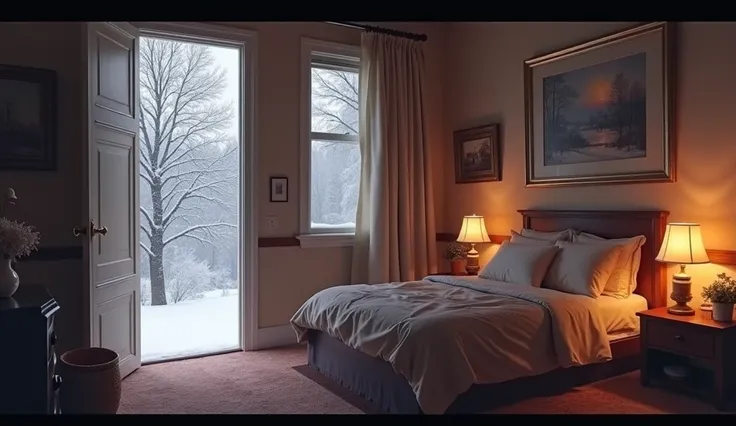 room with bed and pictures and in the other left corner an open door in which snow comes out