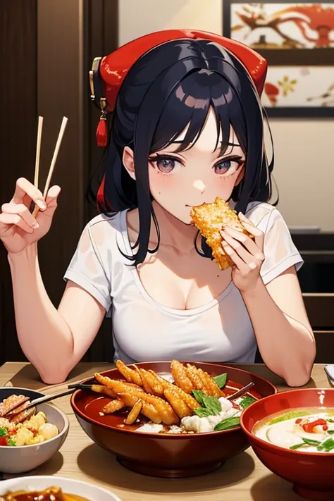 eating tendon (food), tempura, holding chopsticks, crab, 