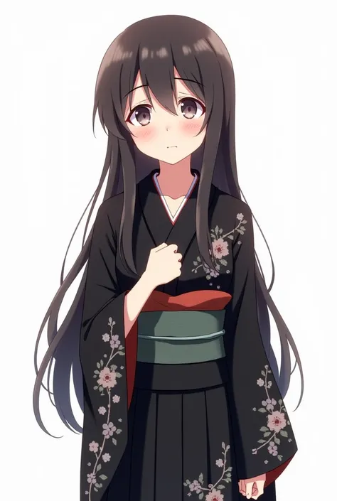 Anime woman wearing black yukata with flowers worried and with a white background and full body from head to toe with her fist on her chest with an emotion of sadness and nervousness and concern body from head to toe 