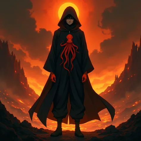 Anime man with orange hands, discreet face, wearing a hood, standing in front of lava, with a figure of squid on his clothes. 