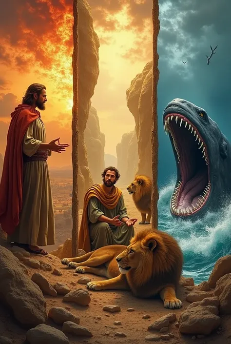  prophet Elijah with fire ,  prophet Daniel with Lions  , And prophet Jonah 