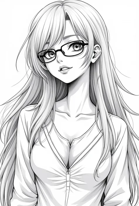 Black and white manga style full body drawing of an incredibly beautiful ethereal woman with glasses, with long hair