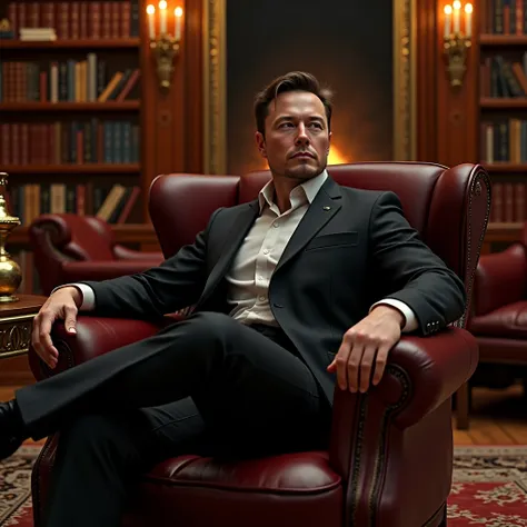 Elons Musk sitting in a library