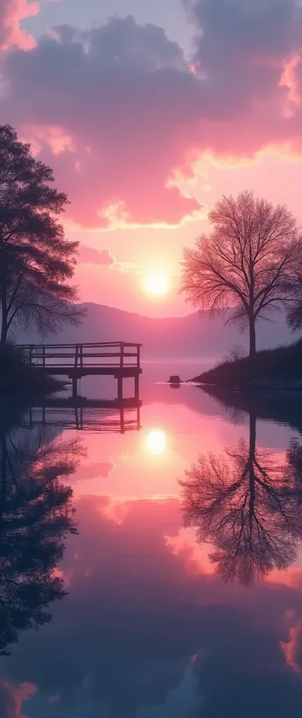 featuring a serene landscape at sunset. The scene should include a calm lake reflecting the vibrant colors of the sunset, with soft pinks, oranges, and purples in the sky. On one side of the lake, there should be a silhouette of a lone tree, while on the o...