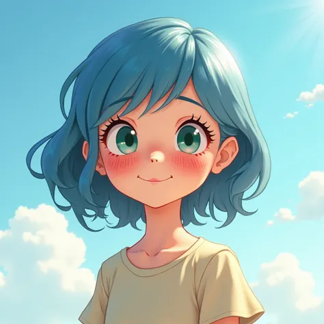 Create a cute anime pixar women with freckles and blue hair, green eyes, sky background