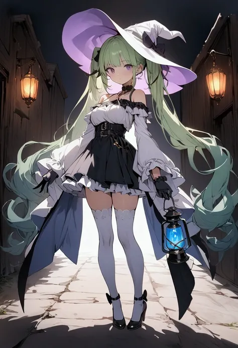 (masterpiece),(best quality),(ultra-detailed),(best illustration),(best shadow),(detailed background), 1girl, solo, hat, gloves, thighhighs, witch-hat, long-hair, black-gloves, green-hair, simple-background, belt, white-thighhighs, twintails, purple-eyes, ...