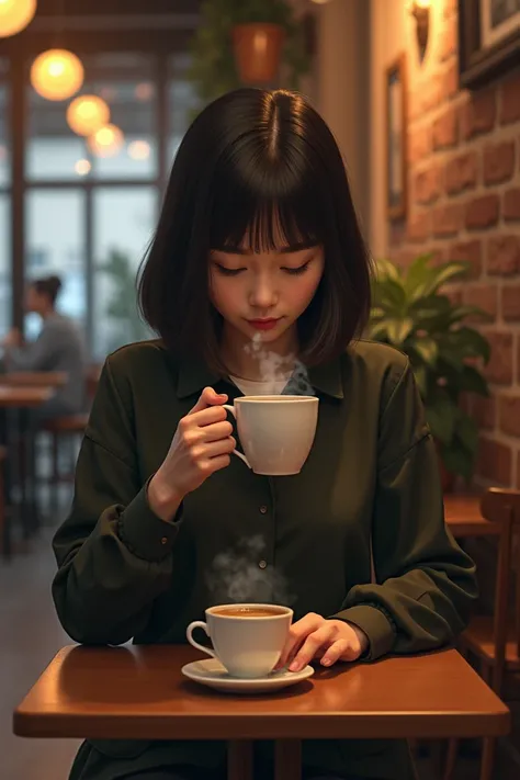 Blunt haired woman drinking coffee in cafe get realistic