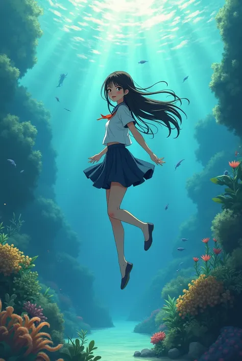 Pretty high school girl walking underwater,2d animation