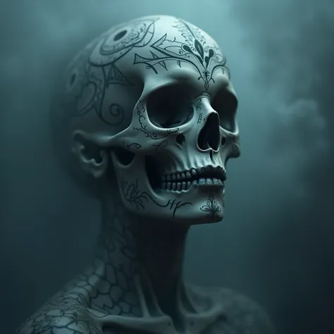  female skull tattooed, stil anna dittman ,  surrounded by fog , Picture in .  blue and black , super high photography of Gestik, face, super high detailed in 3D super high cinematic photography 8D