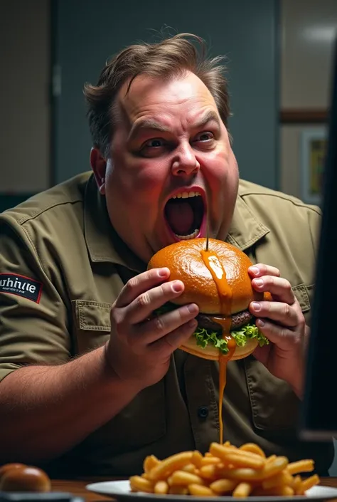 Realistic image, a fat man opening his mouth to eat a fatty and degusting hamburger and 
Oil dripping from the burger, wearing a work uniform that says Unicaribe, while using his computer.

