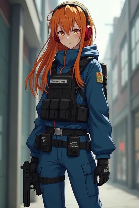   Second-generation anime girl Asuka Langley in soft shell   / 3 blue   ,   urban blue tactical pants   , boots:  black "M6 Merrel"  , gloves:  тактический black  ,  HK USP pistol holster on her leg   ,  бронежилет Guardian Shield  ,   long bright orange h...