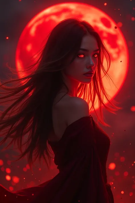  A beautiful high school girl , A beautiful high school girl shines on the red moon and looks like shes going to use fire, Very cool and pretty .  Red eyes and long hair 