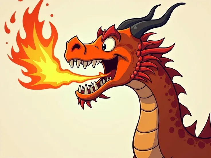 Head of a cartoon dragon spitting fire with its mouth open with its neck extended and completely in profile, that is, 90 degrees with a white background, and the neck is stretched more than it is at an angle of 180 degrees from the beginning of the head un...