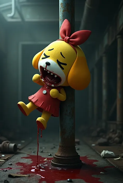 Isabelle from animal crossing impaled through the head on a metal pipe