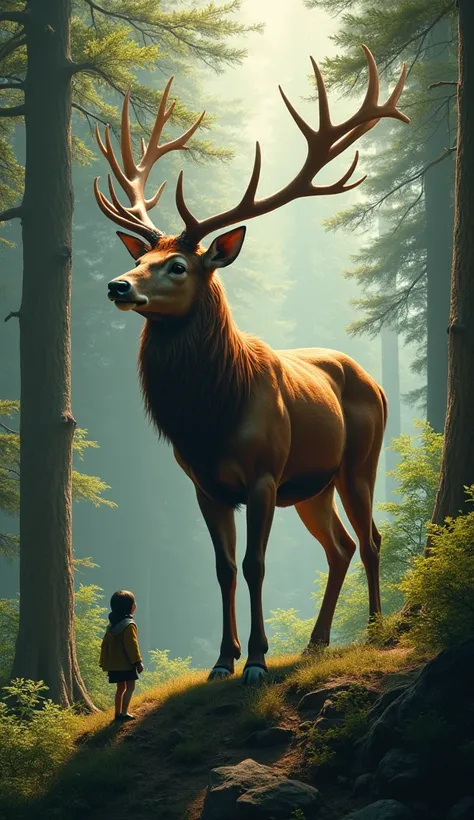  a stag integrated into the forest，Look down at the tiny human 