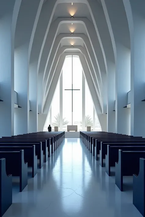 Create a church with the modern navy blue color, I want the interior part of the church .  I want a modern decoration with light gray and navy blue 