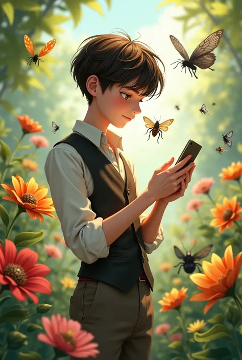 A french cut with dark brown hair anime boy taking photos of bugs in nature by mobile.and there is lots of multicoloured flowers around him