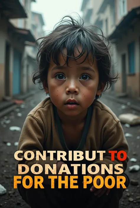 Make a poster ad for a ren’s charity featuring a  in need to encourage donations
With the words “contribute to donations for the poor”