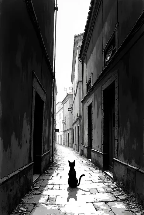 Light shining into a dark alley 、 there is a picture of a black cat there, Highly detailed panel cutting, Moebiusにインスパイアされた,  Precisely Drawn Details , Kilian Eng. Moebius, Detailed close-up, Extremely Detailed Image ,  Moebius comic style , Mobius Art ,  ...