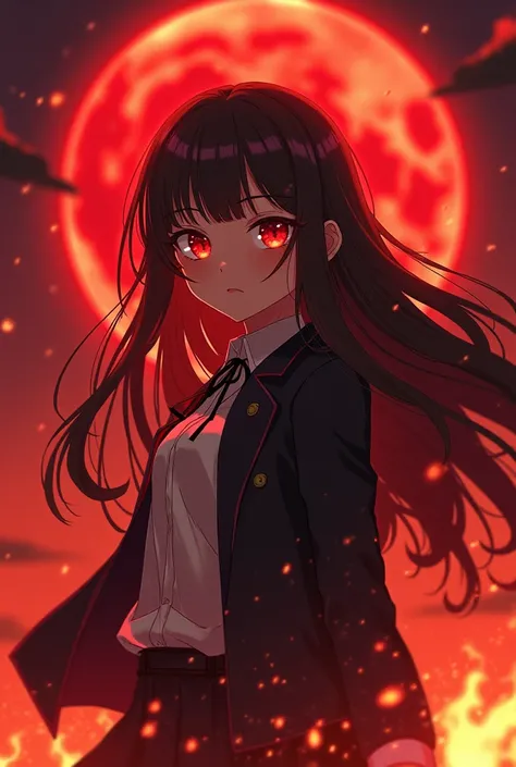  A beautiful high school girl , A beautiful high school girl shines on the red moon and looks like shes going to use fire, Very cool and pretty . Red eyes with long fire-shaped hair inside eyes,  anime 
