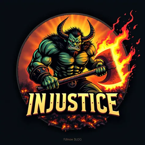 a logo with an orc with a burning fiery axe, add the "Injustice" text to the logo, make it round