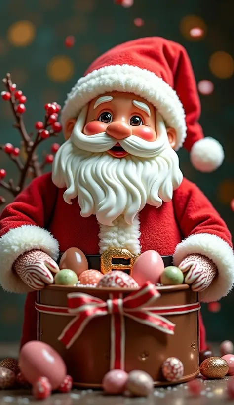 there is a Santa claus sitting in a box of chocolate eggs, To, Santa,  made from candy  and lollypops, delicious, Toids, вдохновлен Джеффом Toунсом, ❤🔥🍄🌪, 8To)), close-up detailed , Tofc,  made from candy , exclusive, Ready, 🎀 🗡 🍓 🧚, Very, 💋 💄 👠 👗