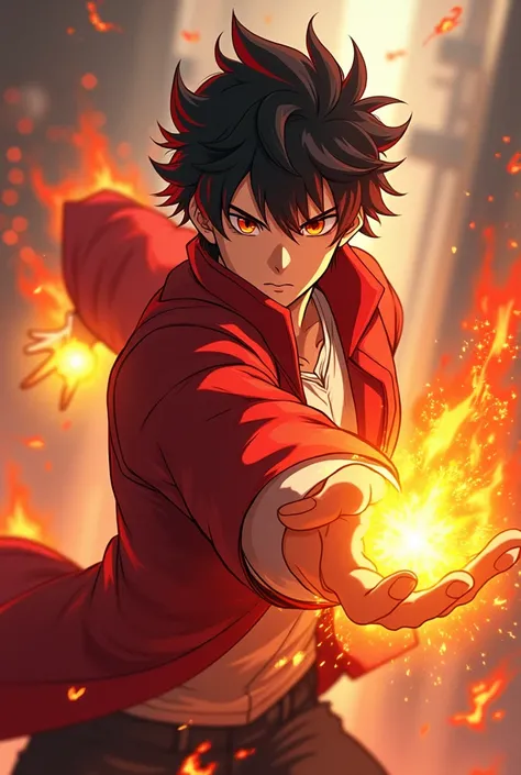 Anime boy with red-tipped black hair with firepower and red coat and white shirt